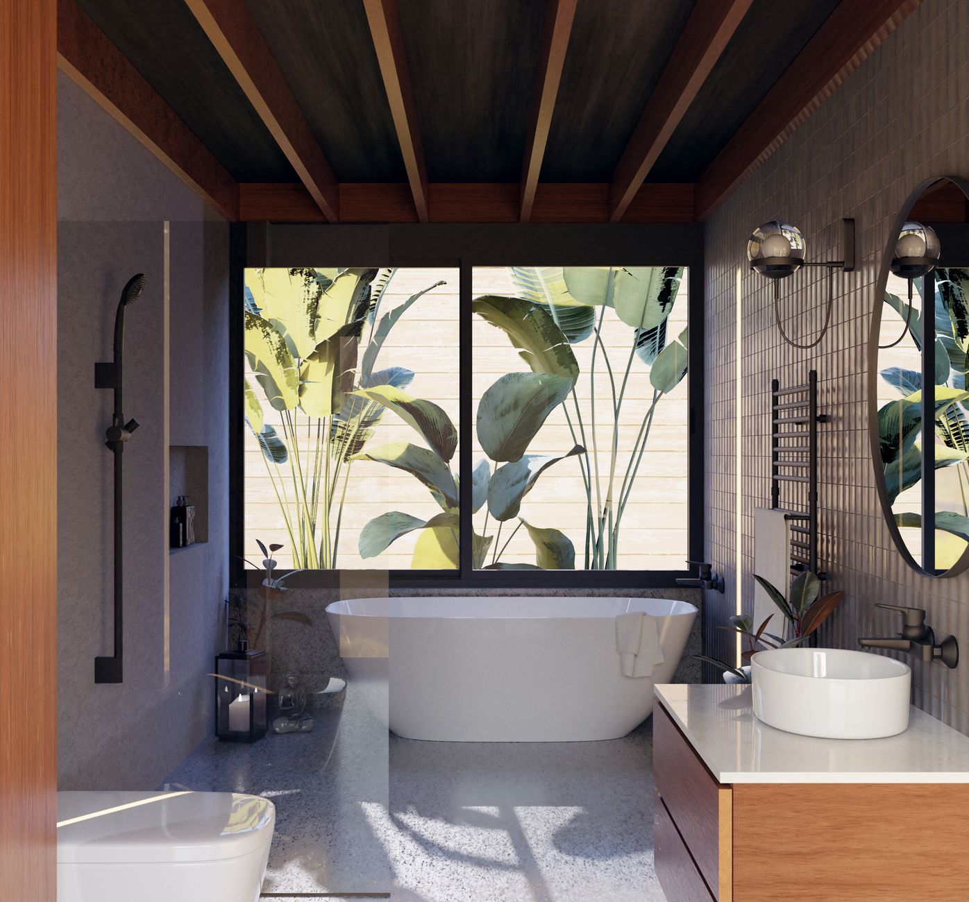 Freestanding tub beneath exposed beams and a lush garden window